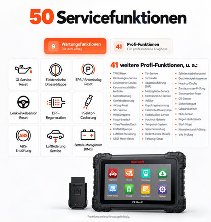 iCarsoft CR Max P OBD2 Diagnosegerät für 58+ Marken, 10" Touchscreen, ECU Coding, CAN-FD & DoIP, 50 Servicefunktionen inkl. Updates