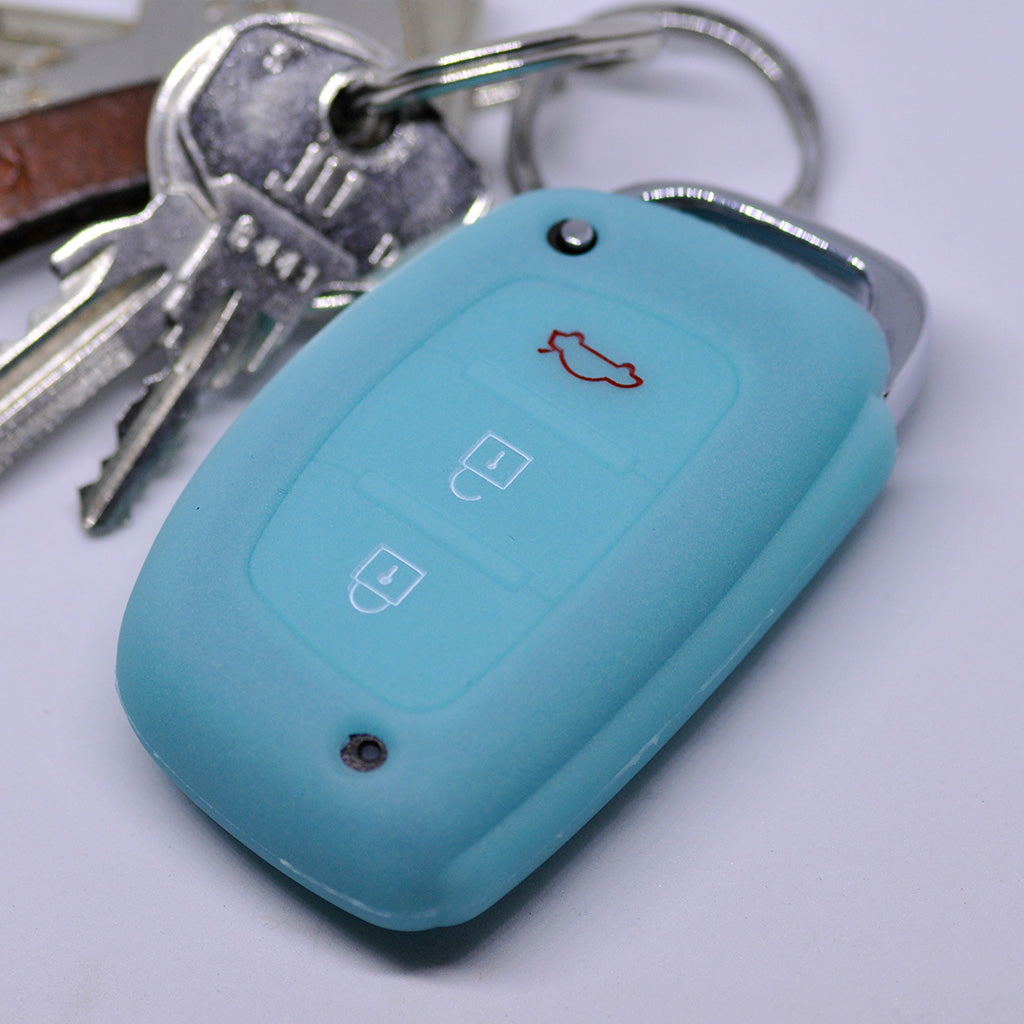 Auto Schlüssel Hülle Silikon Schutz Cover Fluoreszierend Blau kompatibel mit Hyundai i10 i20 i40 ix25 ix35 Tucson Accent Ioniq Sonata Tucson Santa Fe 3 Tasten KEYLESS SMARTKEY