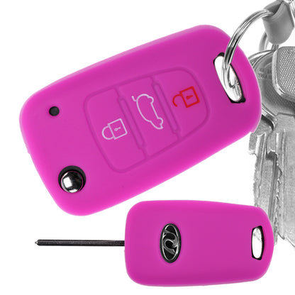 Auto Schlüssel Hülle Silikon Schutz Cover Pink kompatibel mit Hyundai i30 ix20 ix35 KIA Soul Sportage 3 Tasten Klappschlüssel