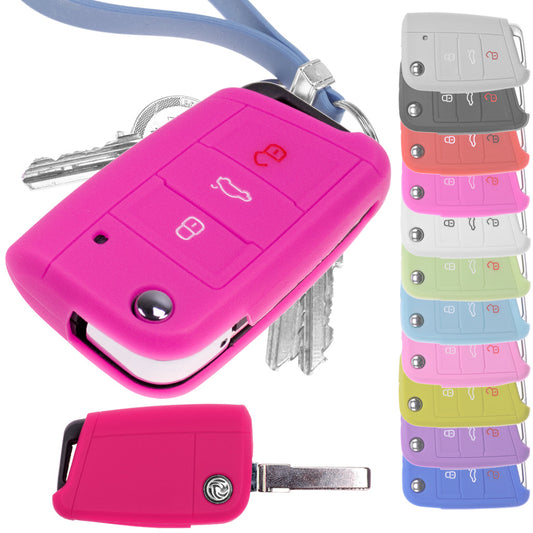 Auto Schlüssel Hülle Silikon Schutz Cover Pink kompatibel mit Golf 7 Polo 6C Seat Ateca Arona Leon Skoda Octavia Superb Kodiaq 3 Tasten Klappschlüssel