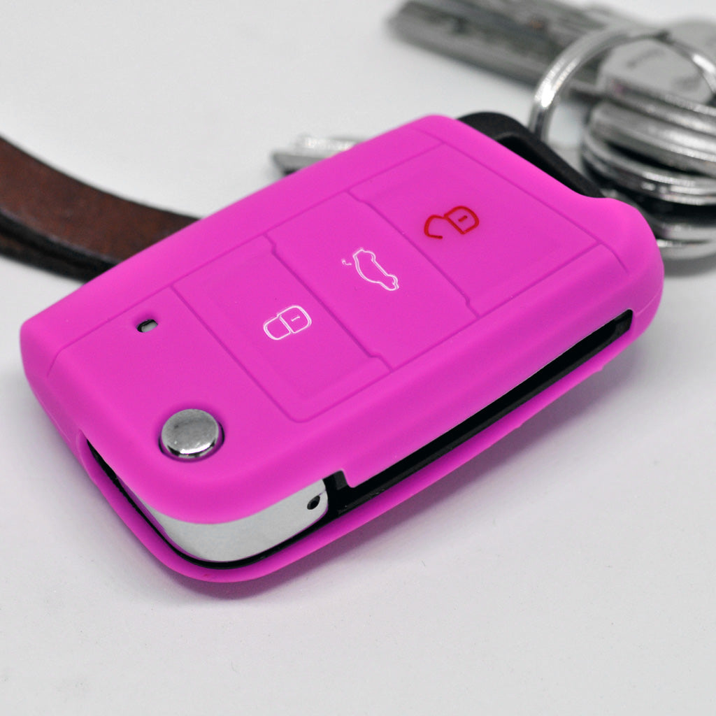 Auto Schlüssel Hülle Silikon Schutz Cover Pink kompatibel mit Golf 7 Polo 6C Seat Ateca Arona Leon Skoda Octavia Superb Kodiaq 3 Tasten Klappschlüssel