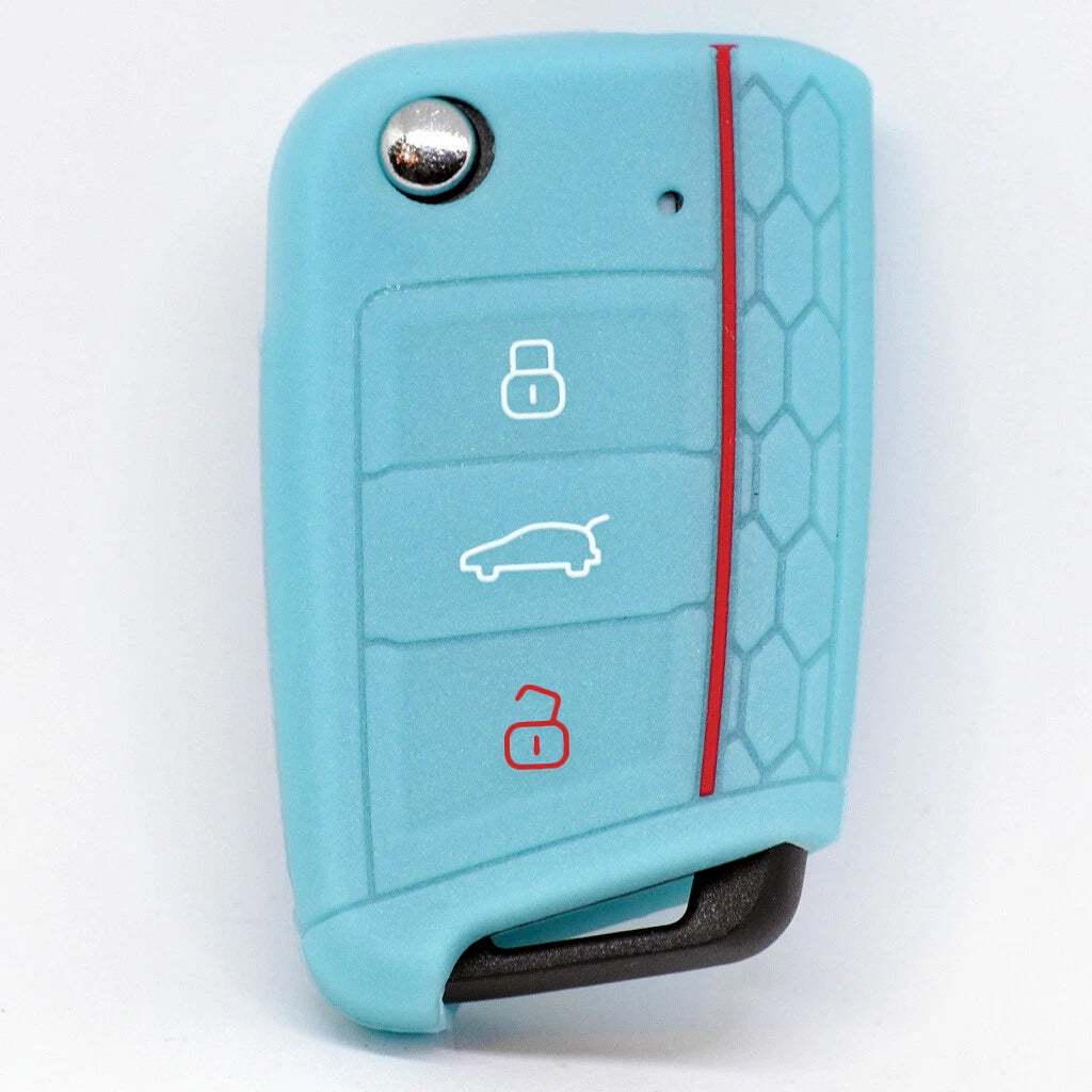 Auto Schlüssel Hülle Silikon Schutz Cover im Wabe Design Fluoreszierend Blau kompatibel mit Golf 7 Polo 6C Seat Ateca Arona Leon Skoda Octavia Superb Kodiaq 3 Tasten Klappschlüssel
