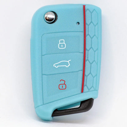 Auto Schlüssel Hülle Silikon Schutz Cover im Wabe Design Fluoreszierend Blau kompatibel mit Golf 7 Polo 6C Seat Ateca Arona Leon Skoda Octavia Superb Kodiaq 3 Tasten Klappschlüssel