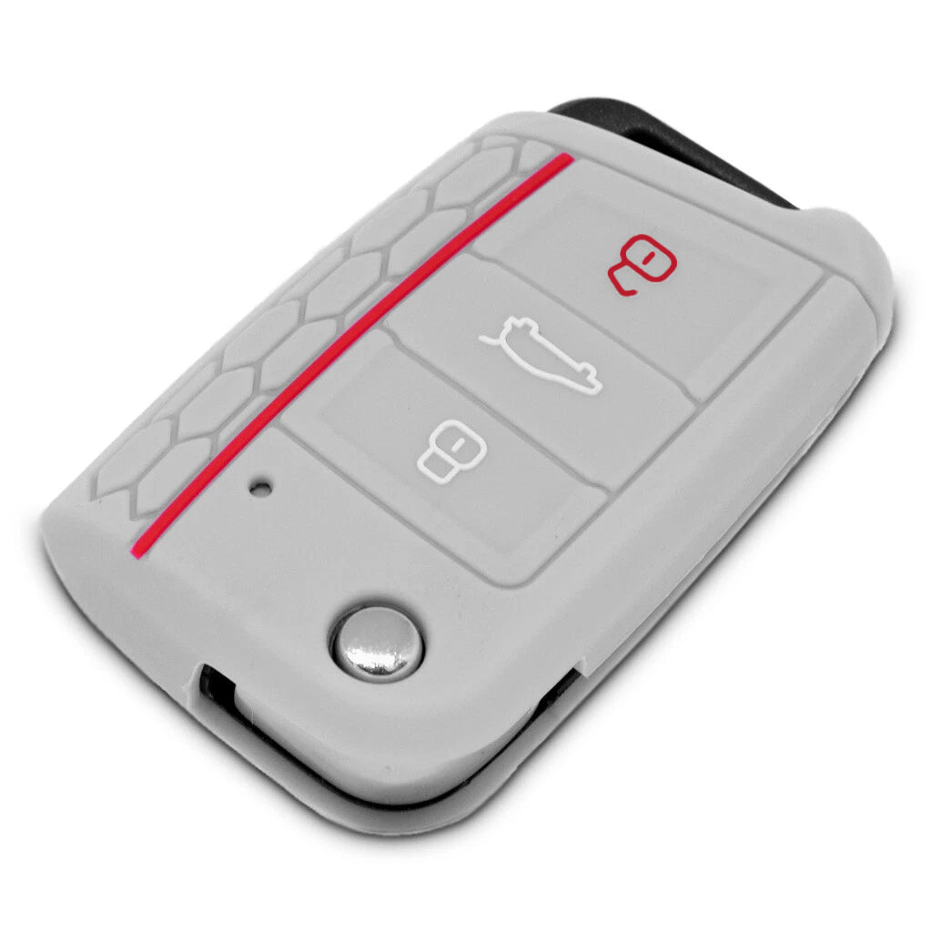 Auto Schlüssel Hülle Silikon Schutz Cover im Wabe Design Grau kompatibel mit Golf 7 Polo 6C Seat Ateca Arona Leon Skoda Octavia Superb Kodiaq 3 Tasten Klappschlüssel