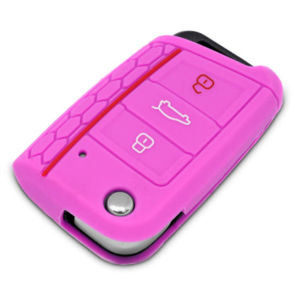 Auto Schlüssel Hülle Silikon Schutz Cover im Wabe Design Pink kompatibel mit Golf 7 Polo 6C Seat Ateca Arona Leon Skoda Octavia Superb Kodiaq 3 Tasten Klappschlüssel