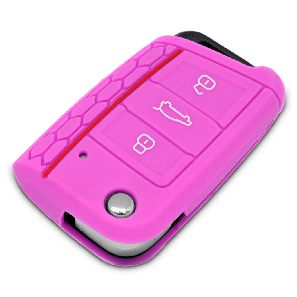 Auto Schlüssel Hülle Silikon Schutz Cover im Wabe Design Pink kompatibel mit Golf 7 Polo 6C Seat Ateca Arona Leon Skoda Octavia Superb Kodiaq 3 Tasten Klappschlüssel