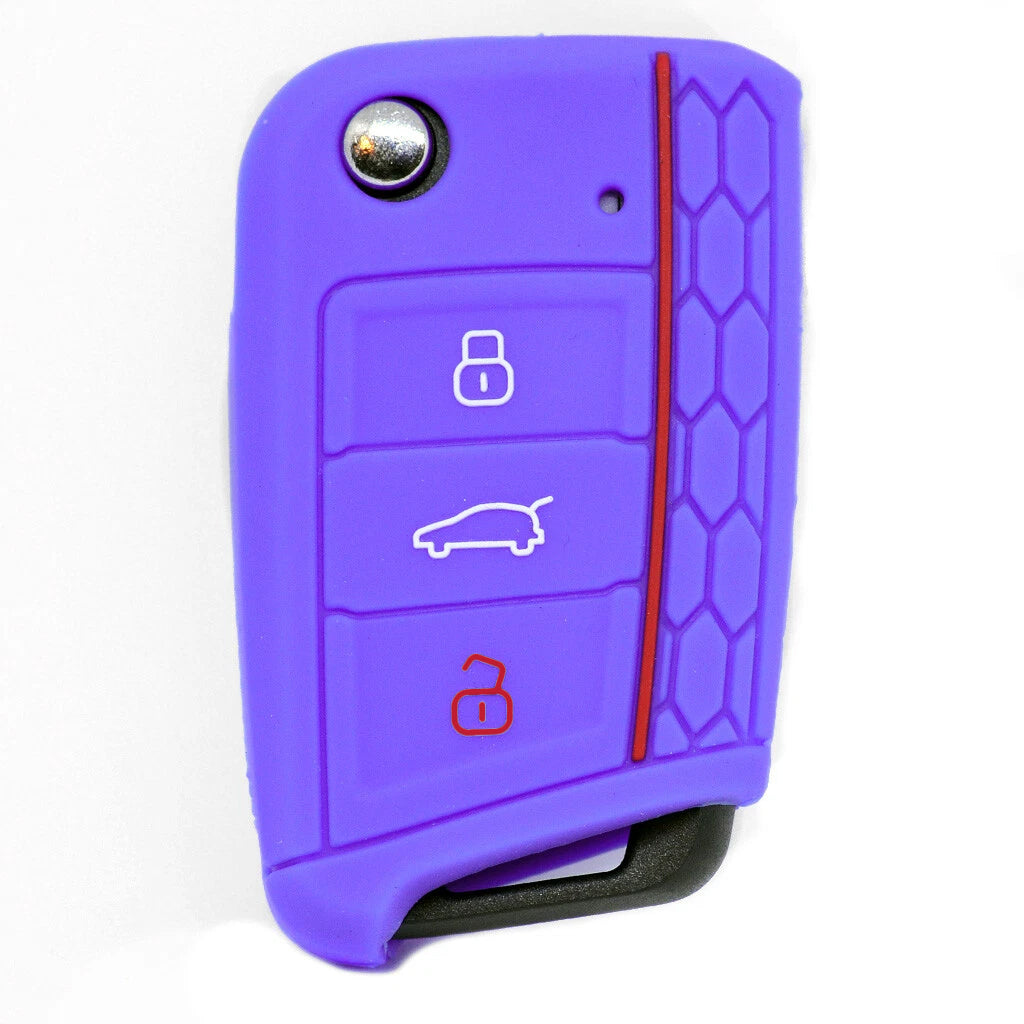 Auto Schlüssel Hülle Silikon Schutz Cover im Wabe Design Lila kompatibel mit Golf 7 Polo 6C Seat Ateca Arona Leon Skoda Octavia Superb Kodiaq 3 Tasten Klappschlüssel