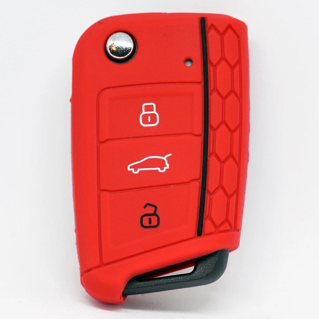 Auto Schlüssel Hülle Silikon Schutz Cover im Wabe Design Rot kompatibel mit Golf 7 Polo 6C Seat Ateca Arona Leon Skoda Octavia Superb Kodiaq 3 Tasten Klappschlüssel