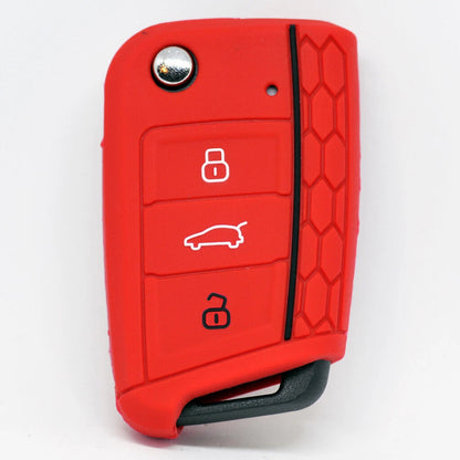Auto Schlüssel Hülle Silikon Schutz Cover im Wabe Design Rot kompatibel mit Golf 7 Polo 6C Seat Ateca Arona Leon Skoda Octavia Superb Kodiaq 3 Tasten Klappschlüssel