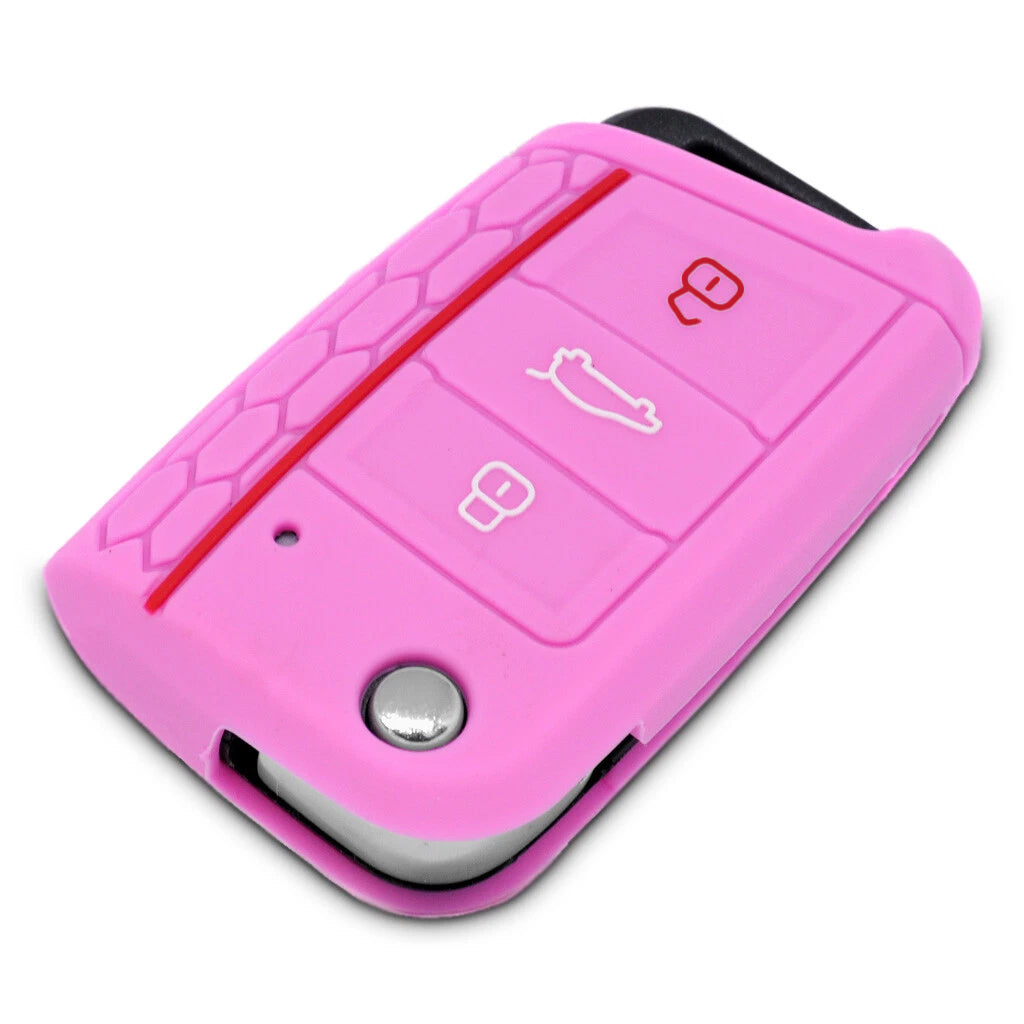 Auto Schlüssel Hülle Silikon Schutz Cover im Wabe Design Rosa kompatibel mit Golf 7 Polo 6C Seat Ateca Arona Leon Skoda Octavia Superb Kodiaq 3 Tasten Klappschlüssel