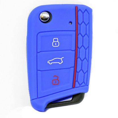 Auto Schlüssel Hülle Silikon Schutz Cover im Wabe Design Blau kompatibel mit Golf 7 Polo 6C Seat Ateca Arona Leon Skoda Octavia Superb Kodiaq 3 Tasten Klappschlüssel