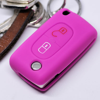 Auto Schlüssel Hülle Silikon Schutz Cover Pink kompatibel mit Citroen Berlingo C2 C3 Peugeot 207 307 308 2 Tasten Klappschlüssel