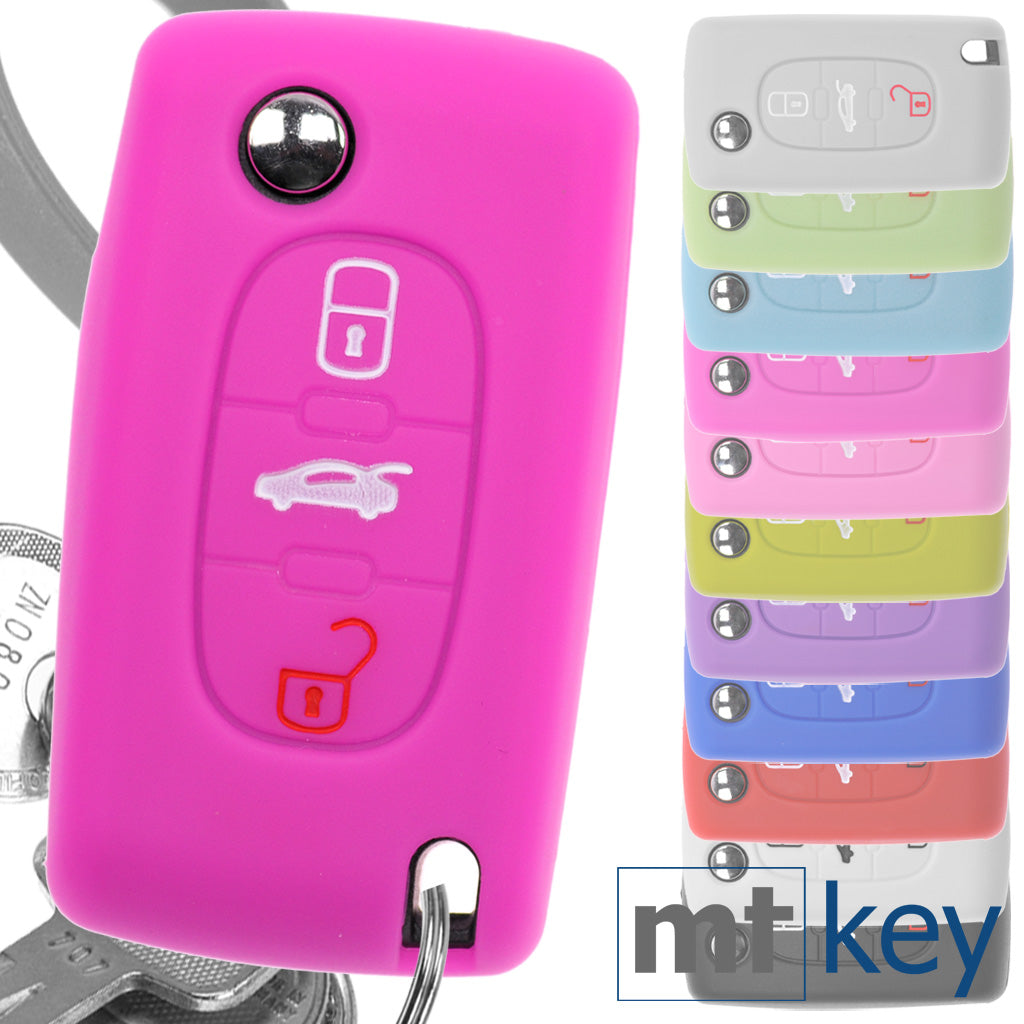 Auto Schlüssel Hülle Silikon Schutz Cover Pink kompatibel mit Peugeot 307 308 I 407 Expert RCZ Citroen C4 C5 III 3 Tasten Klappschlüssel