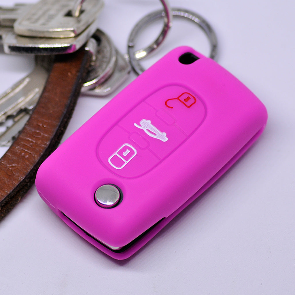 Auto Schlüssel Hülle Silikon Schutz Cover Pink kompatibel mit Peugeot 307 308 I 407 Expert RCZ Citroen C4 C5 III 3 Tasten Klappschlüssel