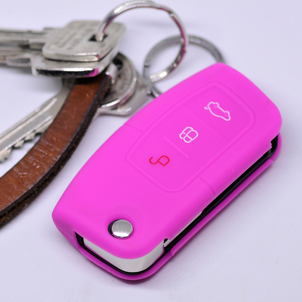 Auto Schlüssel Hülle Silikon Schutz Cover Pink kompatibel mit Ford Focus Fiesta Ecosport S-Max Kuga C-Max 3 Tasten Klappschlüssel