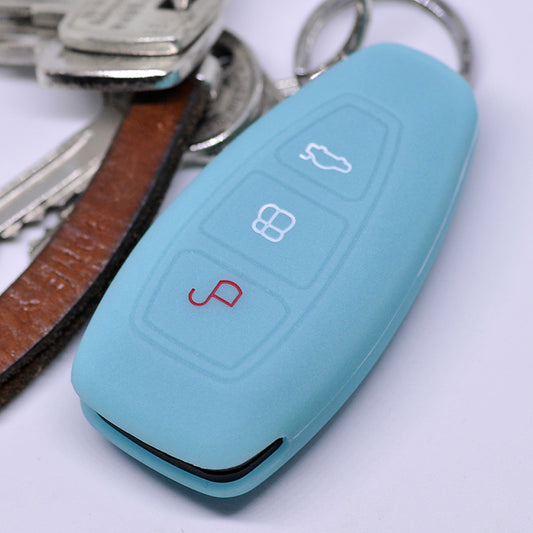 Auto Schlüssel Hülle Silikon Schutz Cover Fluoreszierend Blau kompatibel mit Ford C-Max S-Max B-Max Galaxy Focus Mondeo Fiesta Kuga 3 Tasten KEYLESS SMARTKEY