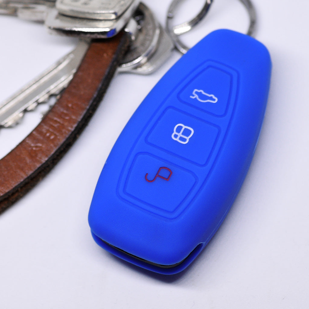 Auto Schlüssel Hülle Silikon Schutz Cover Blau kompatibel mit Ford C-Max S-Max B-Max Galaxy Focus Mondeo Fiesta Kuga 3 Tasten KEYLESS SMARTKEY