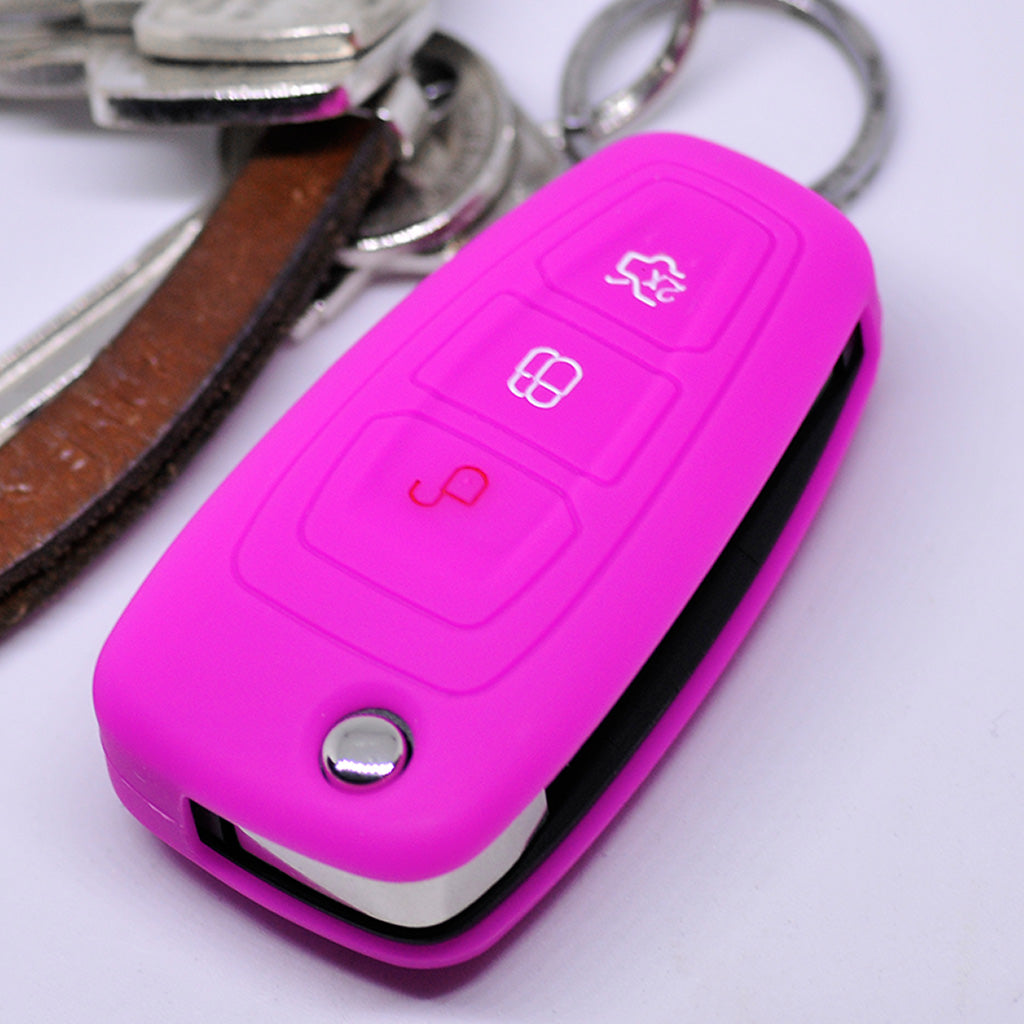 Auto Schlüssel Hülle Silikon Schutz Cover Pink kompatibel mit Ford Mondeo Focus S-Max Fiesta Transit 3 Tasten Klappschlüssel