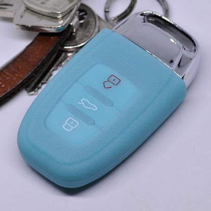 Auto Schlüssel Hülle Silikon Schutz Cover Fluoreszierend Blau kompatibel mit Audi A5 S5 A4 S4 Q3 Q5 A6 S6 R8 TT 3 Tasten KEYLESS SMARTKEY