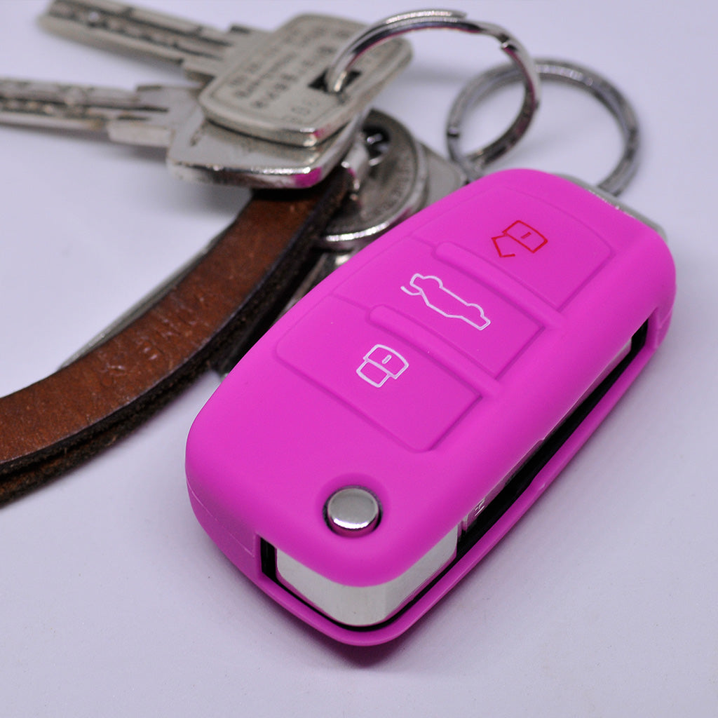 Auto Schlüssel Hülle Silikon Schutz Cover Pink kompatibel mit Audi A1 S1 A3 S3 A4 A6 S6 TT Q3 Q7 R8 8P 8V B7 C6 8J 8U 4L 8X 3 Tasten Klappschlüssel