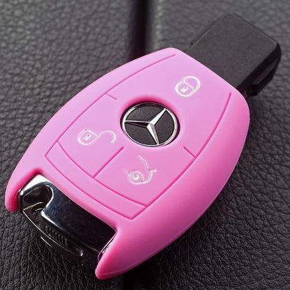 Auto Schlüssel Hülle Silikon Schutz Cover Rosa kompatibel mit Mercedes Benz E-Klasse W212 S212 C207 A207 CLS CLA 117 B-Klasse W242 W246 A-Klasse W176 S-Klasse W221 W222 V-Klasse W447 3 Tasten Smartkey