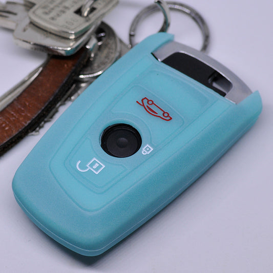 Auto Schlüssel Hülle Silikon Schutz Cover Fluoreszierend Blau kompatibel mit BMW F20 F13 F30 F31 F32 F33 F22 1er 2er 3er 4er F10 F25 F07 F11 3 Tasten KEYLESS SMARTKEY