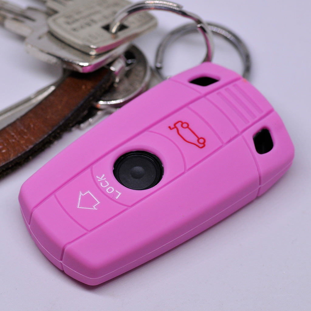 Auto Schlüssel Hülle Silikon Schutz Cover Rosa kompatibel mit BMW E90 E91 Z4 E87 E60 1er E81 E82 E87 E88 ab 08 5er 6er E71 E72 Z4 E89 3 Tasten KEYLESS SMARTKEY