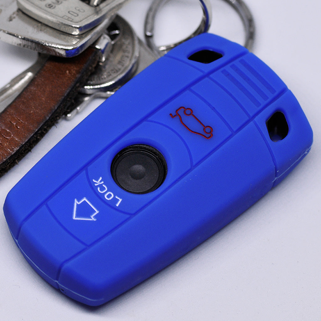 Auto Schlüssel Hülle Silikon Schutz Cover Blau kompatibel mit BMW E90 E91 Z4 E87 E60 1er E81 E82 E87 E88 ab 08 5er 6er E71 E72 Z4 E89 3 Tasten KEYLESS SMARTKEY