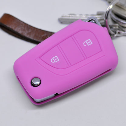 Auto Schlüssel Hülle Silikon Schutz Cover Rosa kompatibel mit Toyota Aygo Citroen C1 Peugeot 108 2 Tasten Klappschlüssel