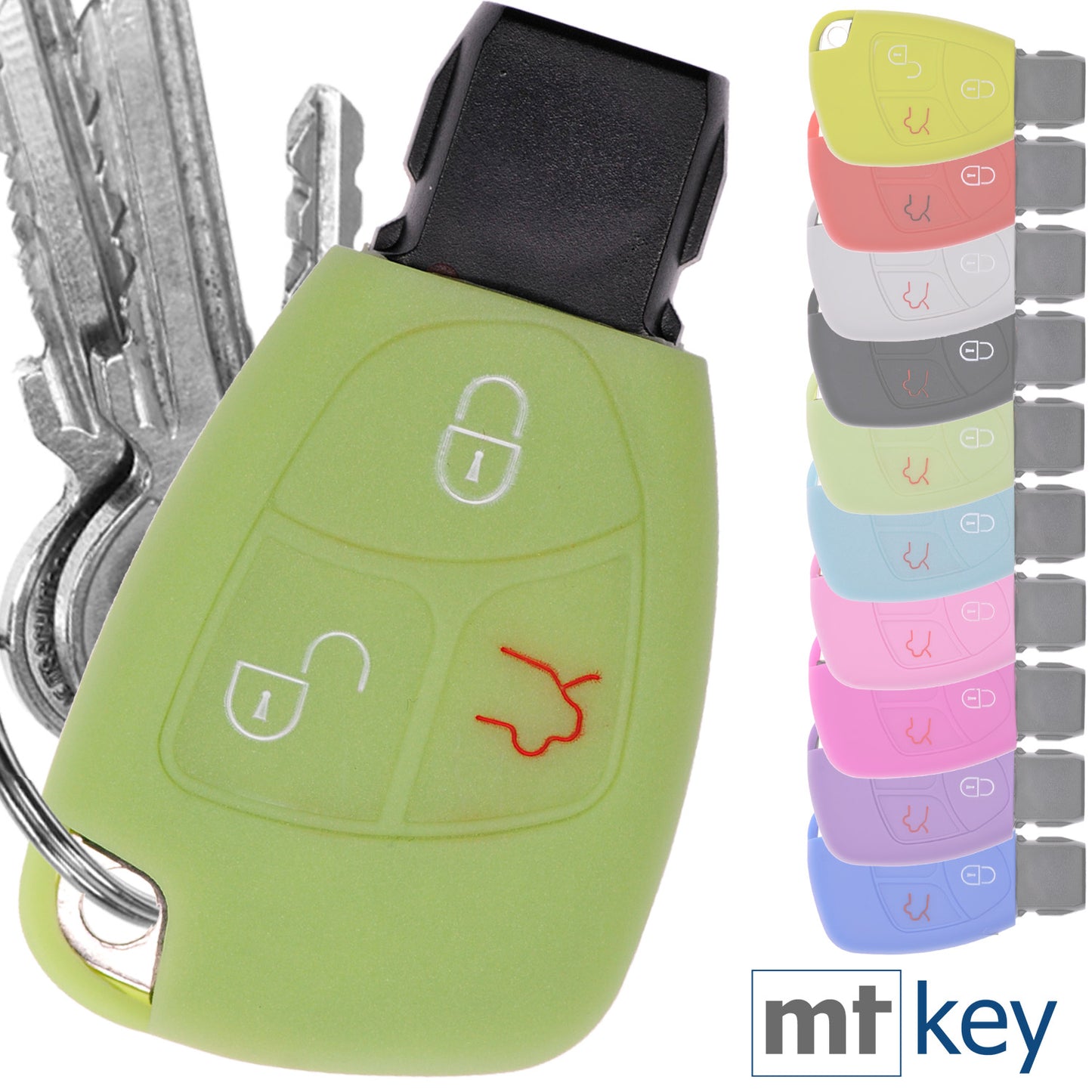 Auto Schlüssel Hülle Silikon Schutz Cover Fluoreszierend Grün kompatibel mit Mercedes Benz W204 W245 S203 A209 C-Klasse CLK SLK W211 W203 W169 Zünschlüssel 3 Tasten Smartkey