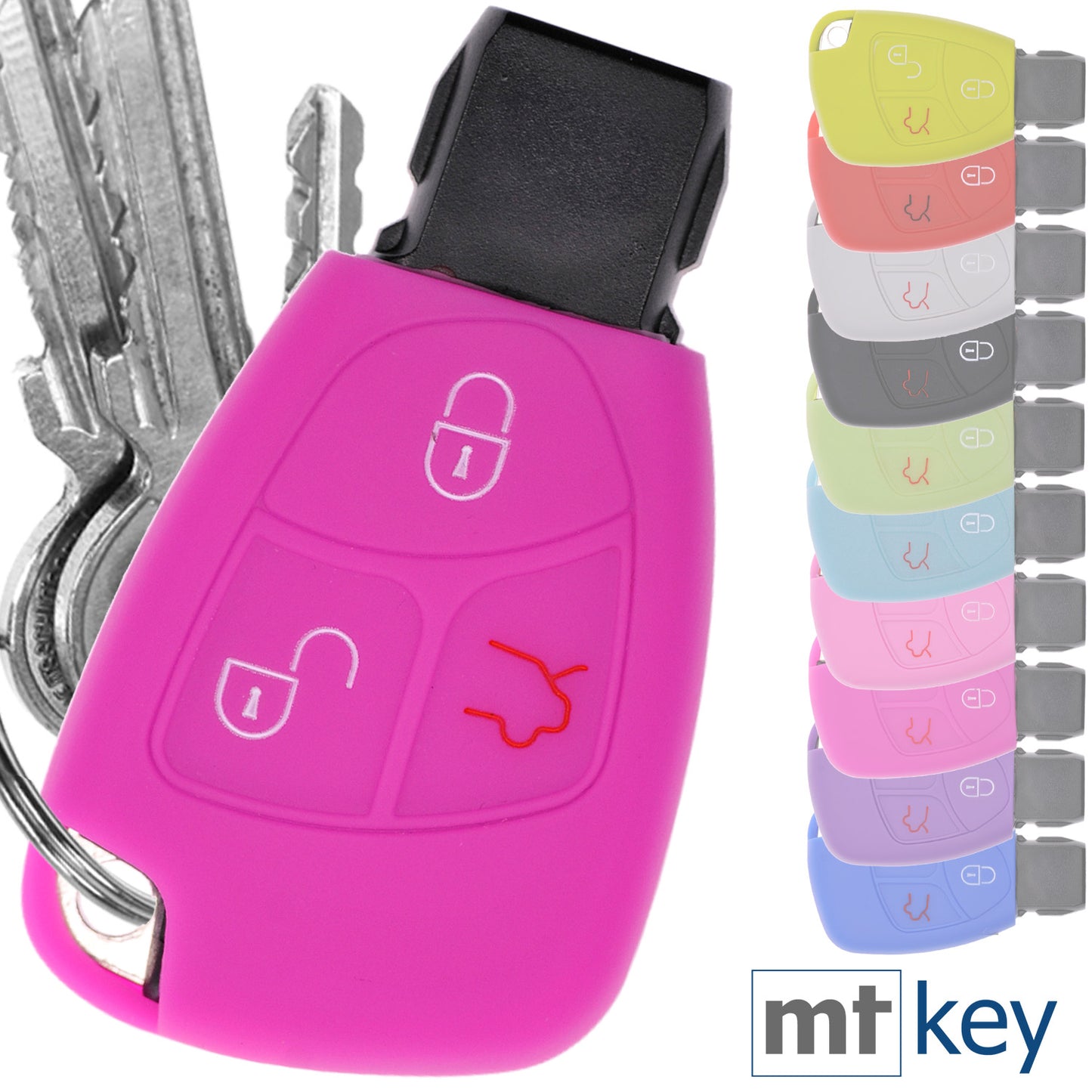 Auto Schlüssel Hülle Silikon Schutz Cover Pink kompatibel mit Mercedes Benz W204 W245 S203 A209 C-Klasse CLK SLK W211 W203 W169 Zünschlüssel 3 Tasten Smartkey