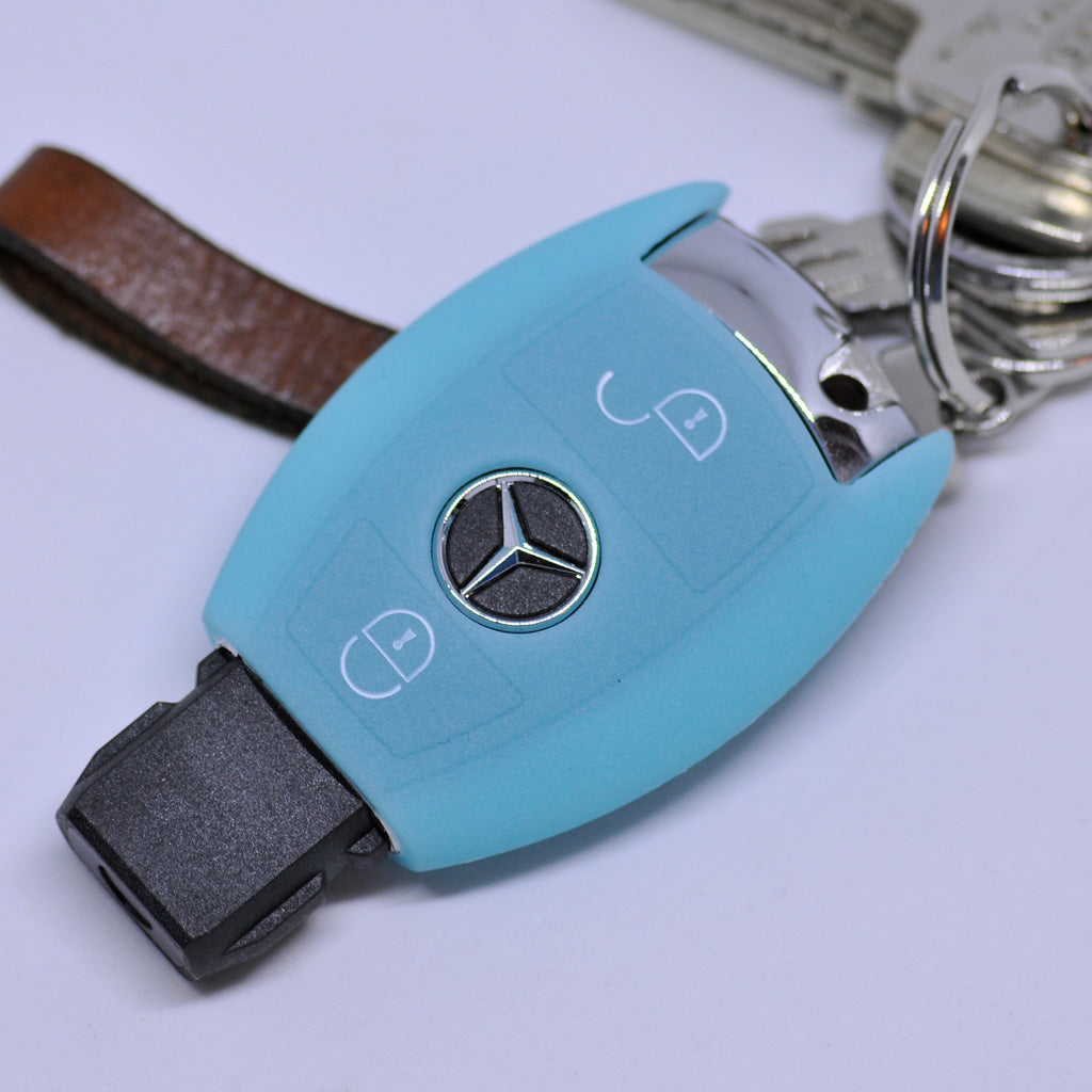 Auto Schlüssel Hülle Silikon Schutz Cover Fluoreszierend Blau kompatibel mit Mercedes Benz Sprinter W906 E C-Klasse 2 Tasten Smartkey