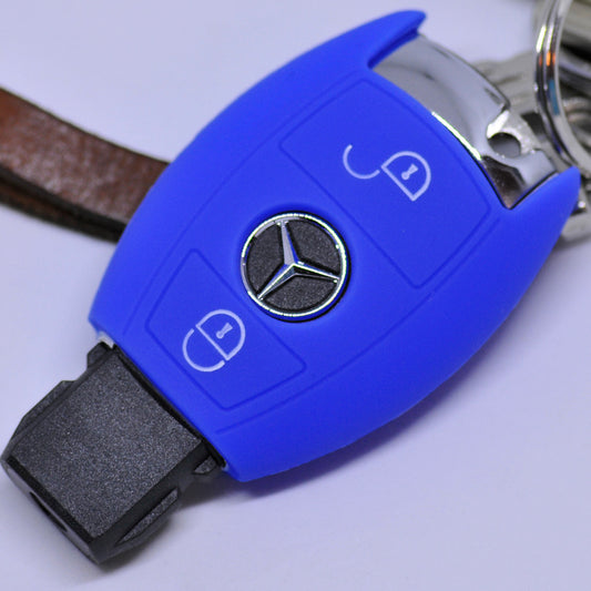 Auto Schlüssel Hülle Silikon Schutz Cover Blau kompatibel mit Mercedes Benz Sprinter W906 E C-Klasse 2 Tasten Smartkey