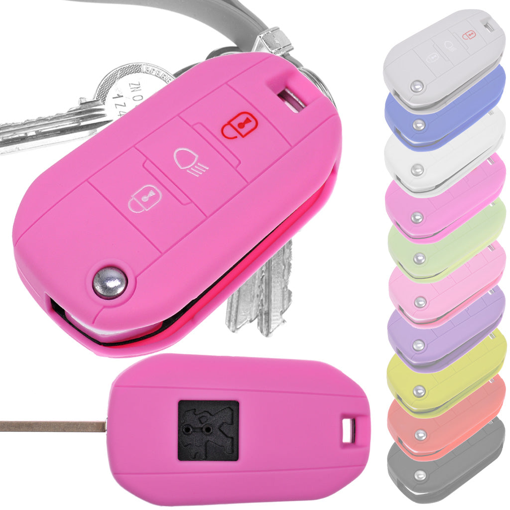 Auto Schlüssel Hülle Silikon Schutz Cover Rosa kompatibel mit Peugeot 208 301 308 508 5008 2008 Expert Citroen C3 C4 Spacetourer Traveller 3 Tasten Klappschlüssel