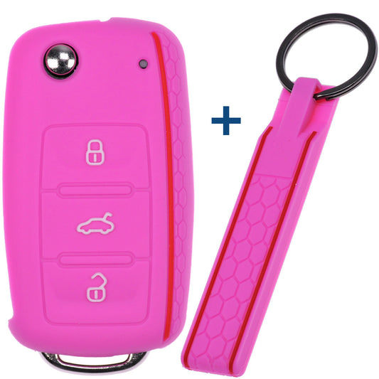 Auto Schlüssel Silikon Schutz Hülle + Schlüsselband im Wabe Design Pink kompatibel mit VW SEAT Skoda Golf 6 Octavia UP Leon 3 Tasten Klappschlüssel