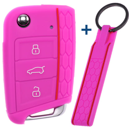 Auto Schlüssel Silikon Schutz Hülle + Schlüsselband im Wabe Design Pink kompatibel mit VW SEAT Skoda Golf 7 Leon Octavia 3 Tasten Klappschlüssel