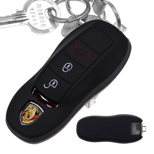 Auto Schlüssel Hülle Silikon Schutz Cover Schwarz kompatibel mit Porsche 718 982 981 991 911 Macan Cayman Boxster 3 Tasten KEYLESS SMARTKEY