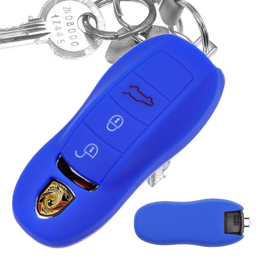 Auto Schlüssel Hülle Silikon Schutz Cover Blau kompatibel mit Porsche 718 982 981 991 911 Macan Cayman Boxster 3 Tasten KEYLESS SMARTKEY