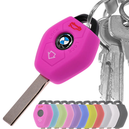 Auto Schlüssel Hülle Silikon Schutz Cover Pink kompatibel mit BMW E46 E83 E52 E85 E86 E39 E61 E60 E53 3 Tasten Funk Fernbedienung