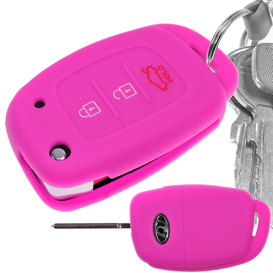 Auto Schlüssel Hülle Silikon Schutz Cover Pink kompatibel mit Hyundai i10 i20 Elantra i40 Sonata ix25 ix35 Tucson 3 Tasten Klappschlüssel