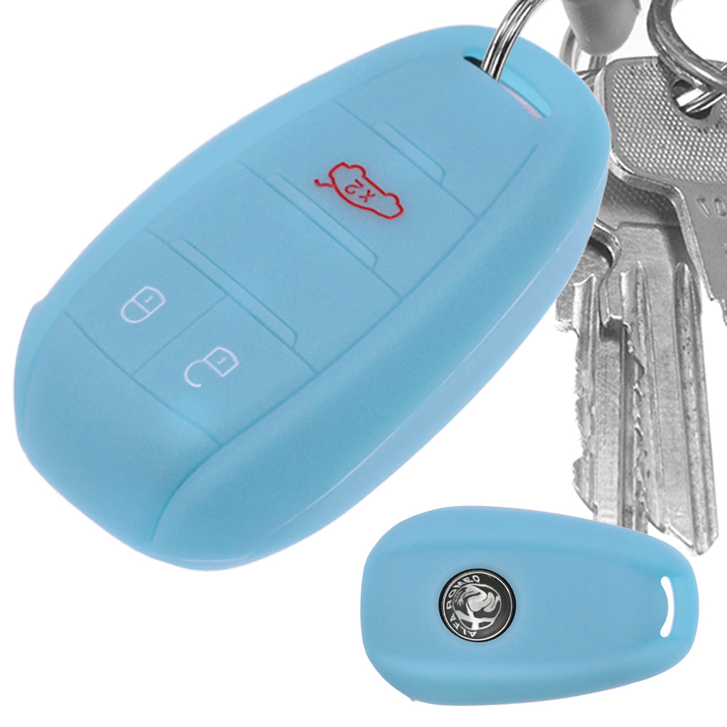 Auto Schlüssel Hülle Silikon Schutz Cover Fluoreszierend Blau kompatibel mit ALFA Romeo Giulia Stelvio Giulietta 3 Tasten KEYLESS SMARTKEY