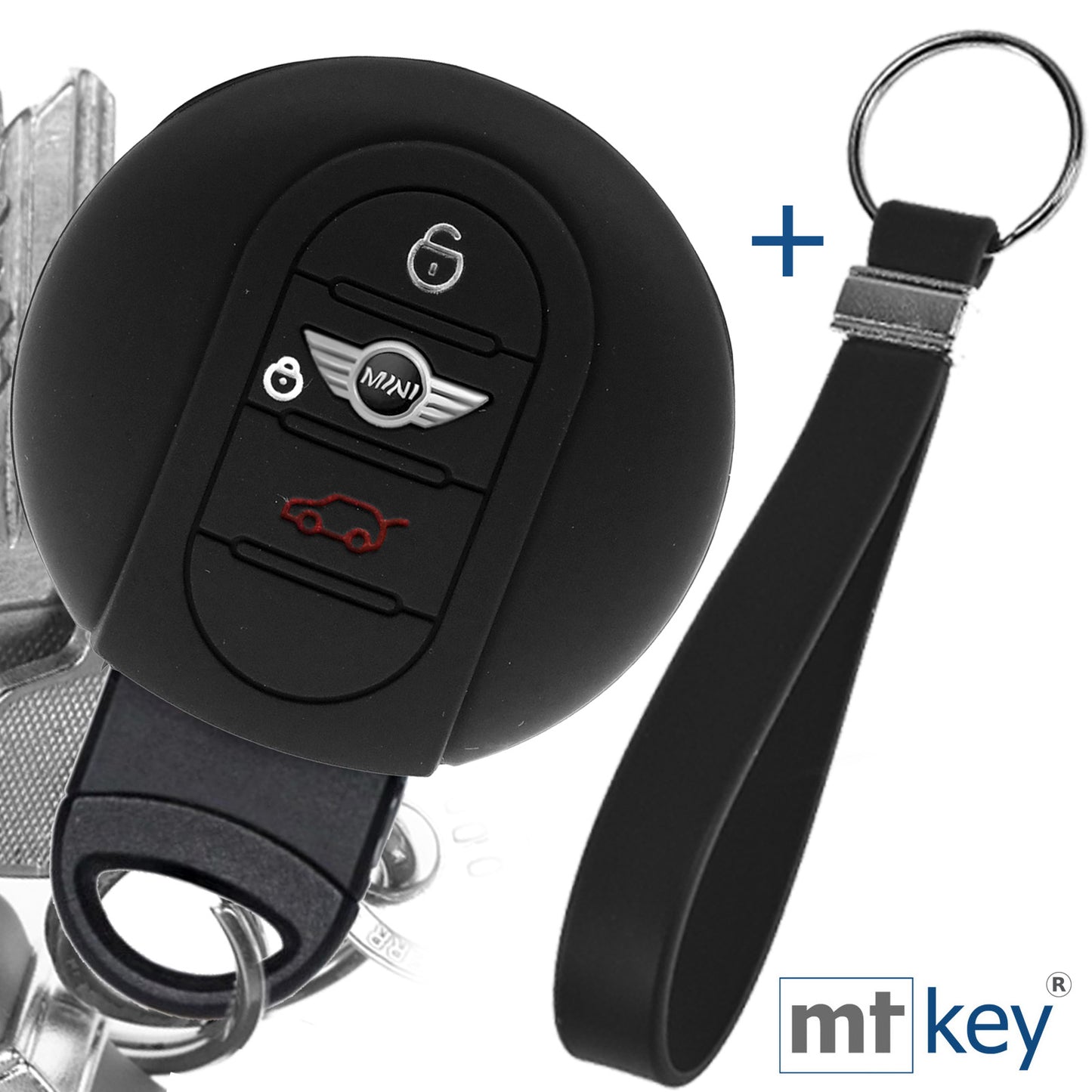 Auto Schlüssel Silikon Schutz Hülle + Schlüsselband Schwarz Kompatibel mit Mini F56 F54 F55 F57 F60 Clubman Countryman 3 Tasten KEYLESS SMARTKEY