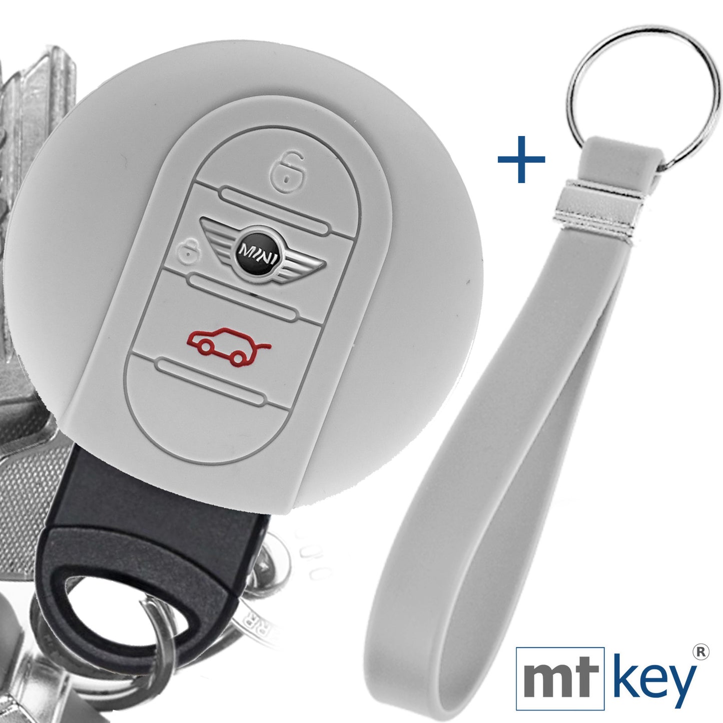 Auto Schlüssel Silikon Schutz Hülle + Schlüsselband Grau Kompatibel mit Mini F56 F54 F55 F57 F60 Clubman Countryman 3 Tasten KEYLESS SMARTKEY