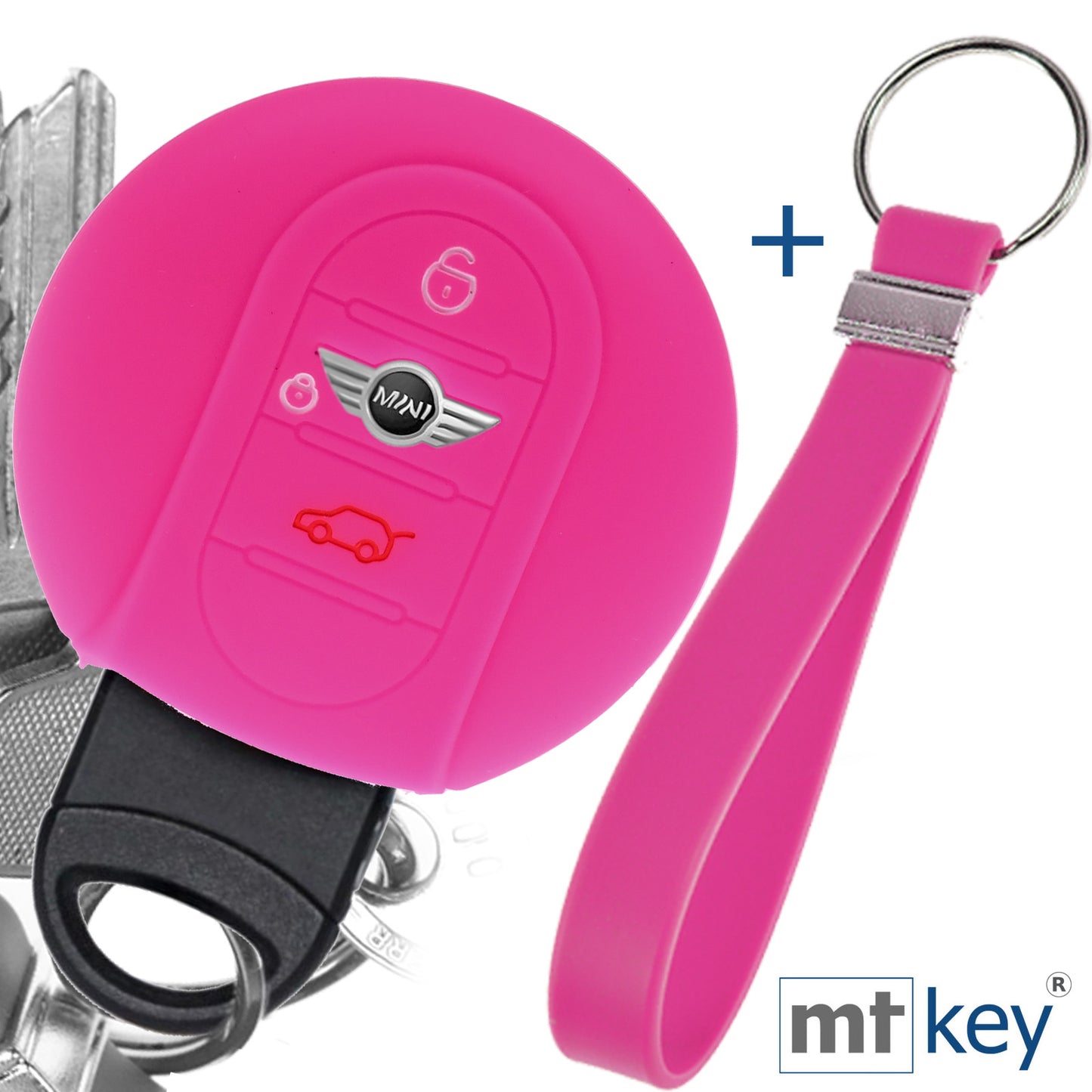 Auto Schlüssel Silikon Schutz Hülle + Schlüsselband Pink Kompatibel mit Mini F56 F54 F55 F57 F60 Clubman Countryman 3 Tasten KEYLESS SMARTKEY