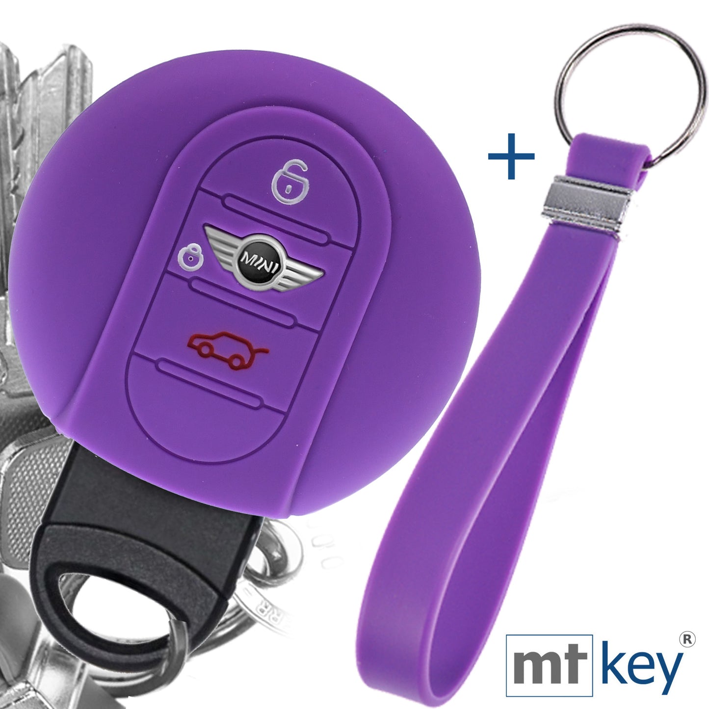 Auto Schlüssel Silikon Schutz Hülle + Schlüsselband Lila Kompatibel mit Mini F56 F54 F55 F57 F60 Clubman Countryman 3 Tasten KEYLESS SMARTKEY