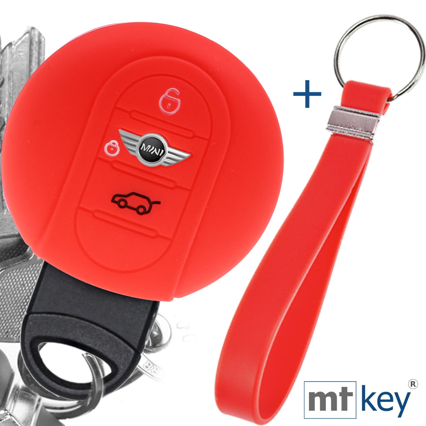 Auto Schlüssel Silikon Schutz Hülle + Schlüsselband Rot Kompatibel mit Mini F56 F54 F55 F57 F60 Clubman Countryman 3 Tasten KEYLESS SMARTKEY