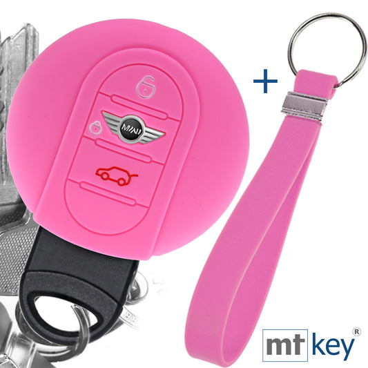 Auto Schlüssel Silikon Schutz Hülle + Schlüsselband Rosa Kompatibel mit Mini F56 F54 F55 F57 F60 Clubman Countryman 3 Tasten KEYLESS SMARTKEY