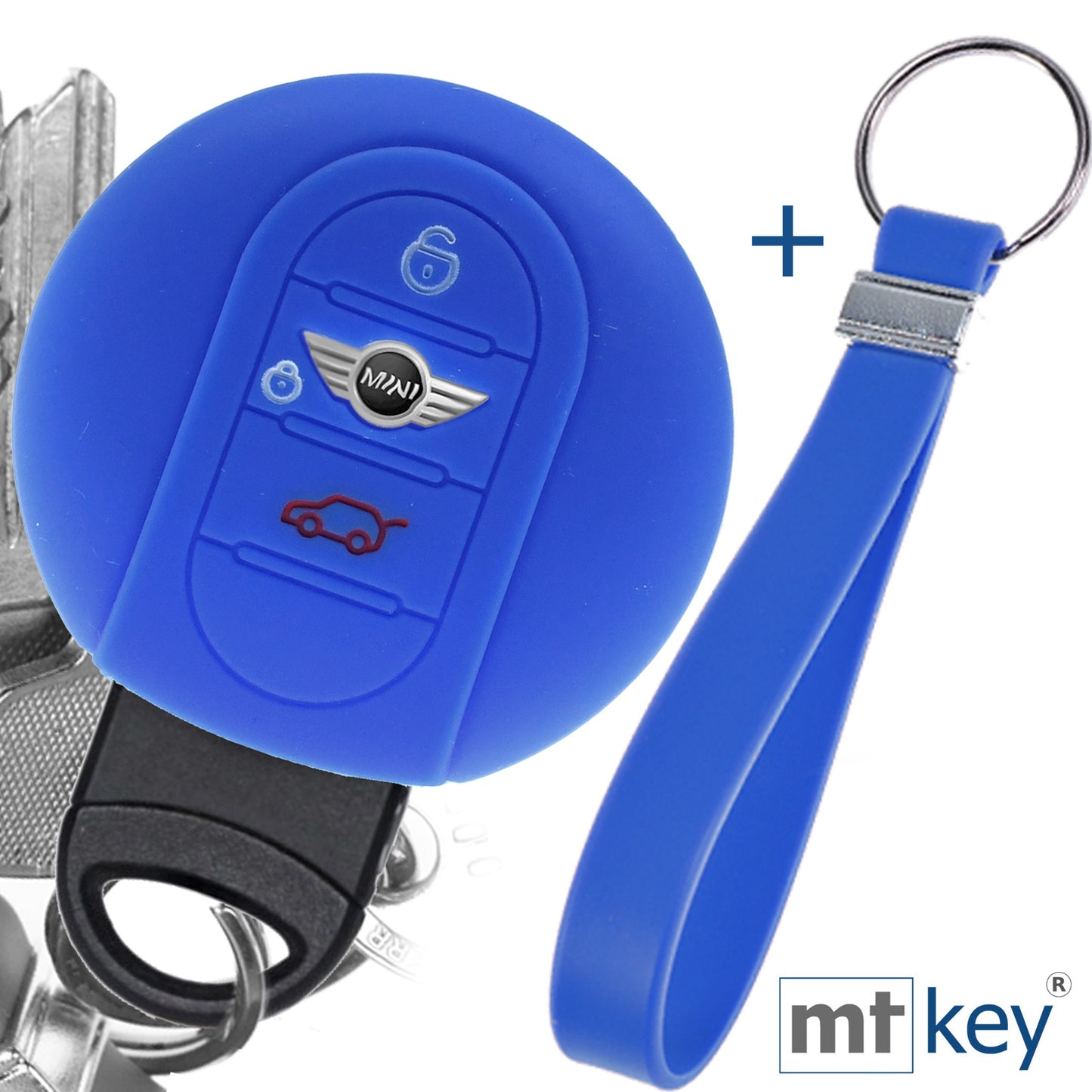 Auto Schlüssel Silikon Schutz Hülle + Schlüsselband Blau Kompatibel mit Mini F56 F54 F55 F57 F60 Clubman Countryman 3 Tasten KEYLESS SMARTKEY