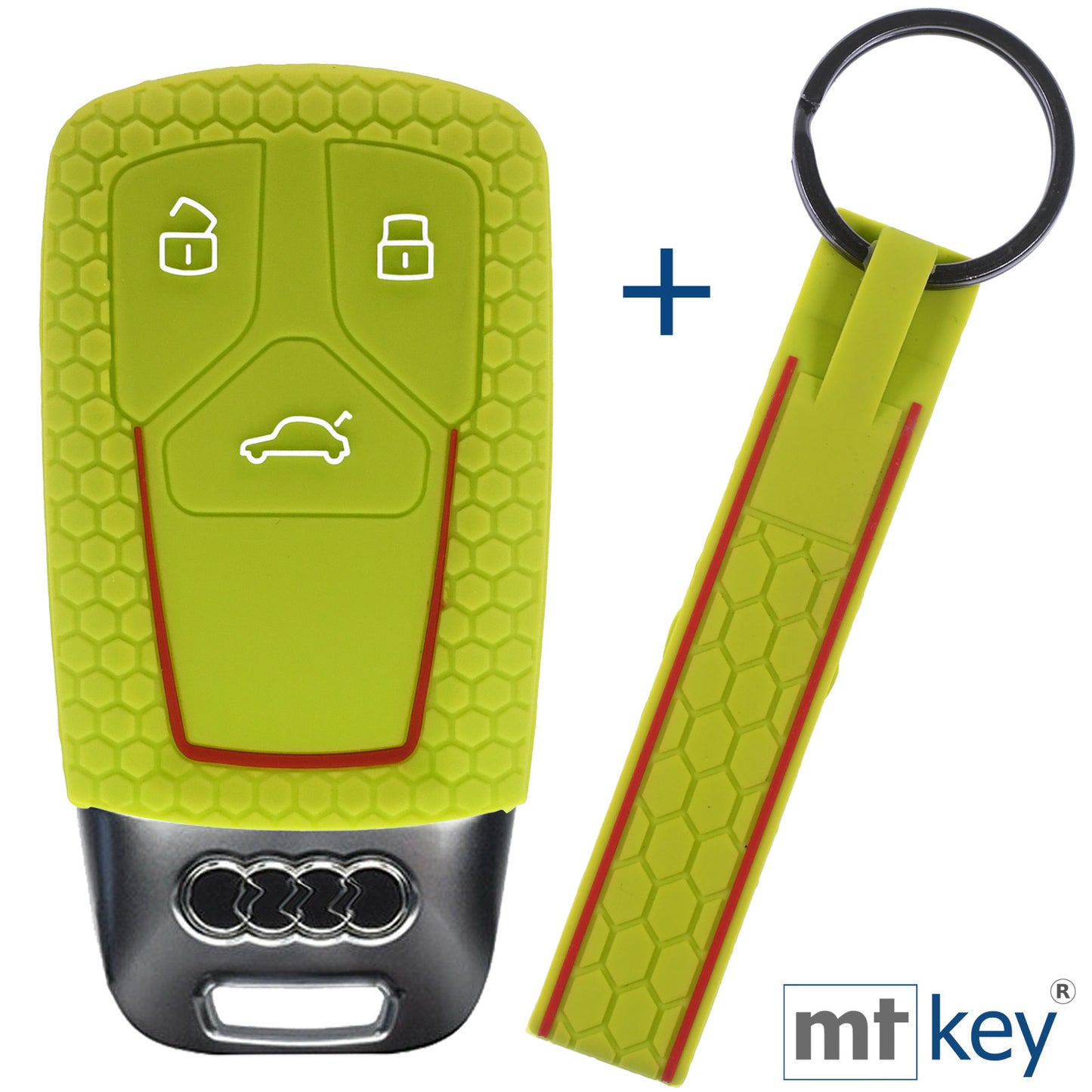 Auto Schlüssel Silikon Schutz Hülle + Schlüsselband im Wabe Design Grün Kompatibel mit Audi A4 A5 A6 A7 TT Q2 Q5 Q7 A8 Q8 3 Tasten KEYLESS SMARTKEY