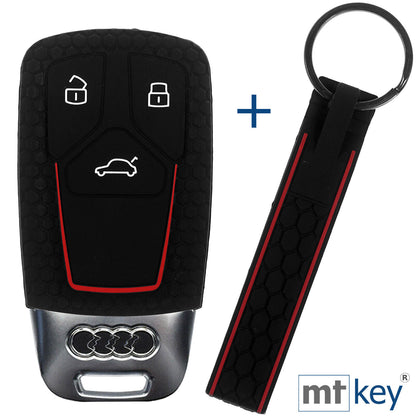 Auto Schlüssel Silikon Schutz Hülle + Schlüsselband im Wabe Design Schwarz Kompatibel mit Audi A4 A5 A6 A7 TT Q2 Q5 Q7 A8 Q8 3 Tasten KEYLESS SMARTKEY